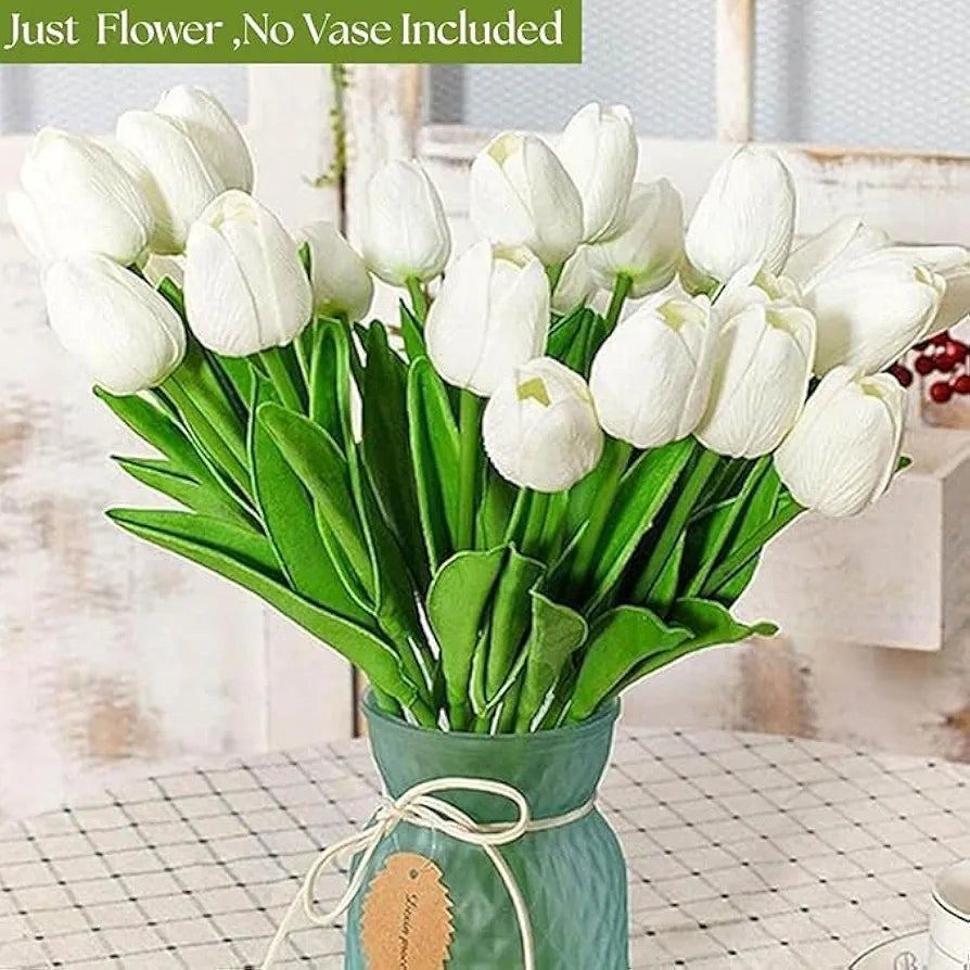 VERVENIX 5 Pcs Artificial Tulip Lily Flowers for Vase | White Fabric Faux Tulips for Home Décor, Living Room, Bedroom, Party & Wedding Decoration